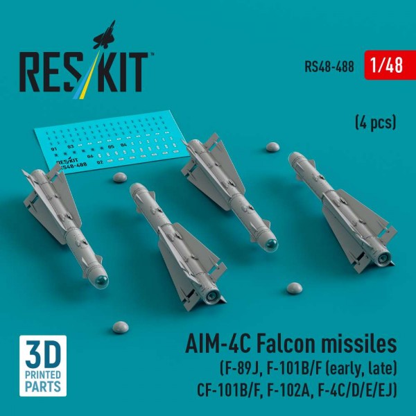 RS48-0488   AIM-4C Falcon missiles (F-89J, F-101B/F (early, late), CF-101B/F, F-102A, F-4C/D/E/EJ) (4 pcs) (3d Printed) (1/48) (thumb84887)