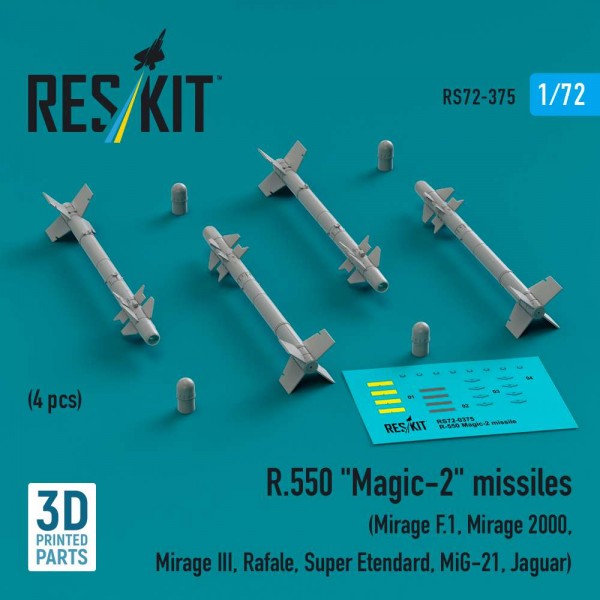 RS72-0375   R.550 "Magic-2" missiles (4 pcs) (Mirage F.1, Mirage 2000, Mirage III, Rafale, Super Etendard, MiG-21, Jaguar) (3D Printed) (1/72) (thumb84951)