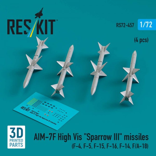 RS72-0457   AIM-7F High Vis "Sparrow III" missiles (4 pcs) (F-4, F-5, F-15, F-16, F-14, F/A-18) (3D Printed) (1/72) (thumb84964)