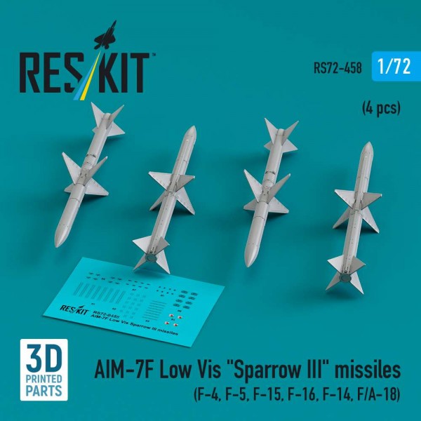 RS72-0458   AIM-7F Low Vis "Sparrow III" missiles (4 pcs) (F-4, F-5, F-15, F-16, F-14, F/A-18) (3D Printed) (1/72) (thumb84966)