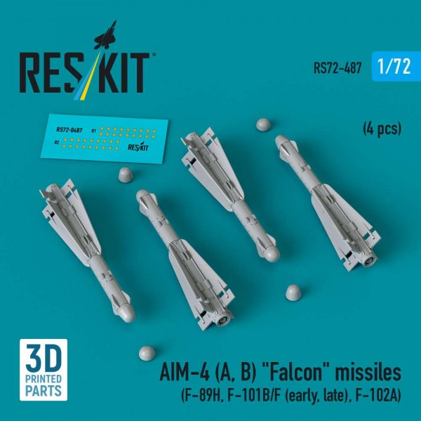 RS72-0487   AIM-4 (A, B) "Falcon" missiles (4 pcs) (F-89H, F-101B/F (early, late), F-102A) (3D Printed) (1/72) (thumb84976)