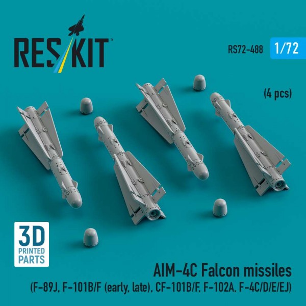 RS72-0488   AIM-4C Falcon missiles (F-89J, F-101B/F (early, late), CF-101B/F, F-102A, F-4C/D/E/EJ) (4 pcs) (3d Printed) (1/72) (thumb84978)