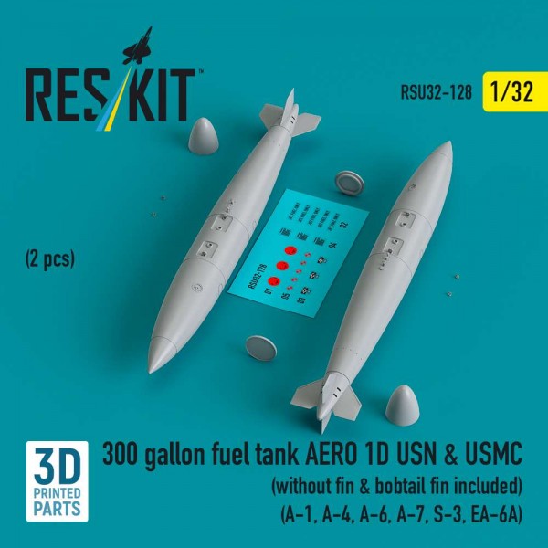 RSU32-0128   300 gallon fuel tank AERO 1D USN & USMC (2 pcs) (without fin & bobtail fin included) (A-1, A-4, A-6, A-7, S-3, EA-6A) (3D Printed) (1/32) (thumb84844)