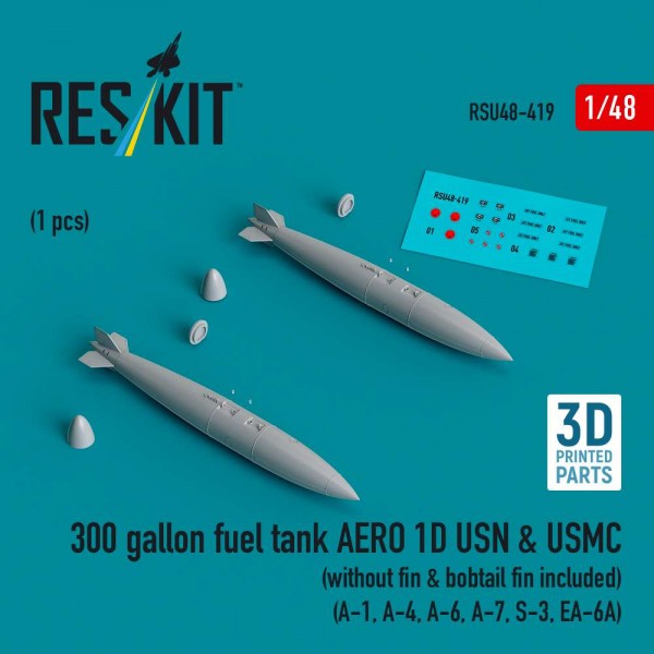 RSU48-0419   300 gallon fuel tank AERO 1D USN & USMC (without fin & bobtail fin included) (2 pcs) (A-1, A-4, A-6, A-7, S-3, EA-6A) (3D Printed) (1/48) (thumb84924)