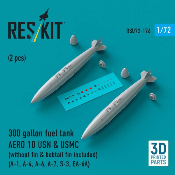 RSU72-0176   300 gallon fuel tank AERO 1D USN & USMC (without fin & bobtail fin included) (2 pcs) (A-1, A-4, A-6, A-7, S-3, EA-6A) (3D Printed) (1/72) (thumb84984)