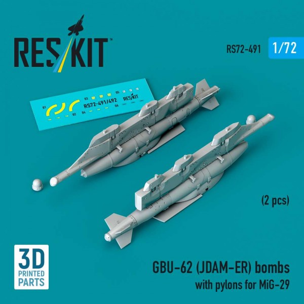 RS72-0491   GBU-62 (JDAM-ER) bombs with pylons for MiG-29 "Fulcrum" (2 pcs) (3D Printed) (1/72) (thumb88501)