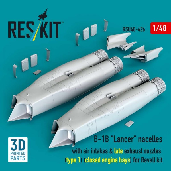 RSU48-0426   B-1B "Lancer" nacelles with air intakes & late exhaust nozzles (type 1) (сlosed engine bays) for Revell kit (3D Printed) (1/48) (thumb88392)