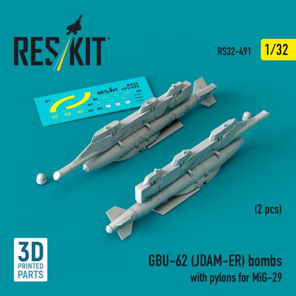 RS32-0491   GBU-62 (JDAM-ER) bombs with pylons for MiG-29 (2 pcs) (3D Printed) (1/32) (thumb88739)