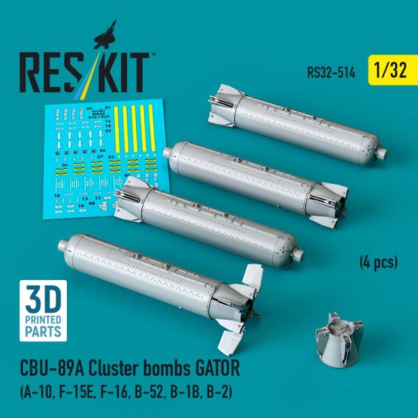 RS32-0514   CBU-89A cluster bombs GATOR (4 pcs) (A-10, F-15E, F-16, B-52, B-1B, B-2) (3D Printed) (1/32) (thumb88776)