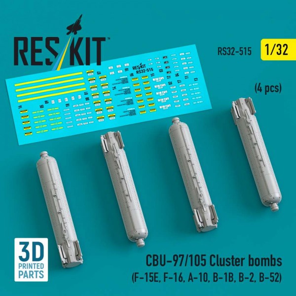 RS32-0515   CBU-97/105 cluster bombs (4 pcs) (F-15E, F-16, A-10, B-1B, B-2, B-52) (3D Printed) (1/32) (thumb88780)