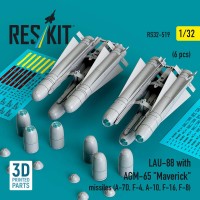 RS32-0519   LAU-88 with (2 pcs) AGM-65 "Maverick" missiles (6 pcs) (A-7D, F-4, A-10, F-16) (3D Printed) (1/32) (thumb88792)