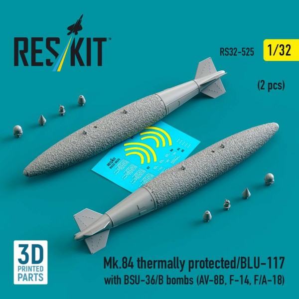 RS32-0525   Mk.84 thermally protected/BLU-117 with BSU-36/B bombs (2 pcs) (AV-8B, F-14, F/A-18) (3D Printed) (1/32) (thumb88808)
