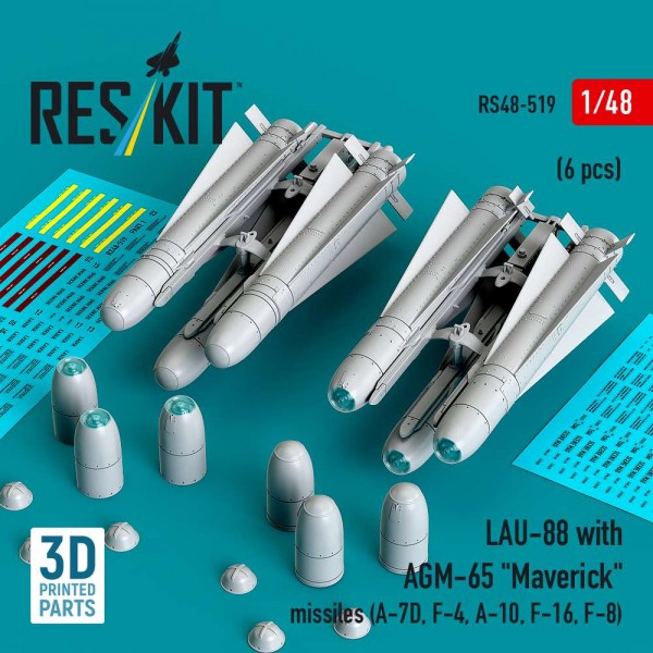 RS48-0519   LAU-88 with (2 pcs) AGM-65 "Maverick" missiles (6 pcs) (A-7D, F-4, A-10, F-16) (3D Printed) (1/48) (thumb88273)