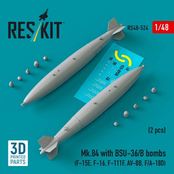 RS48-0524   Mk.84 with BSU-36/B bombs (2 pcs) (F-15E, F-16, F-111F, AV-8B, F/A-18D) (3D Printed) (1/48) (thumb88285)