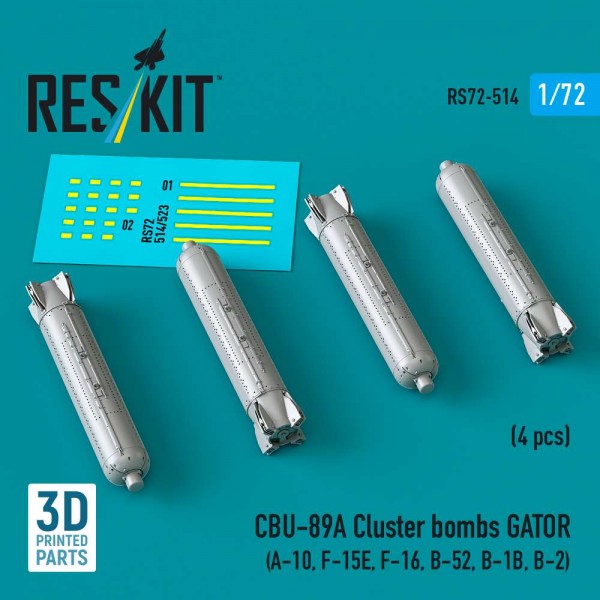 RS72-0514   CBU-89A cluster bombs GATOR (4 pcs) (A-10, F-15E, F-16, B-52, B-1B, B-2) (3D Printed) (1/72) (thumb88561)