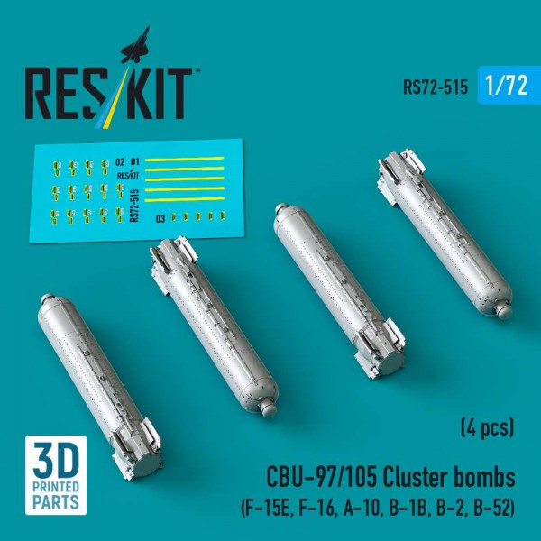 RS72-0515   CBU-97/105 cluster bombs (4 pcs) (F-15E, F-16, A-10, B-1B, B-2, B-52) (3D Printed) (1/72) (thumb88565)