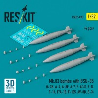 RS32-0493   Mk.83 bombs with BSU-35 (4 pcs) (A-3B, A-4, A-6E, A-7, F-4C/D, F-8, F-14, F/A-18, F-105, AV-8B, S-3) (3D printed) (1/32) (thumb88747)