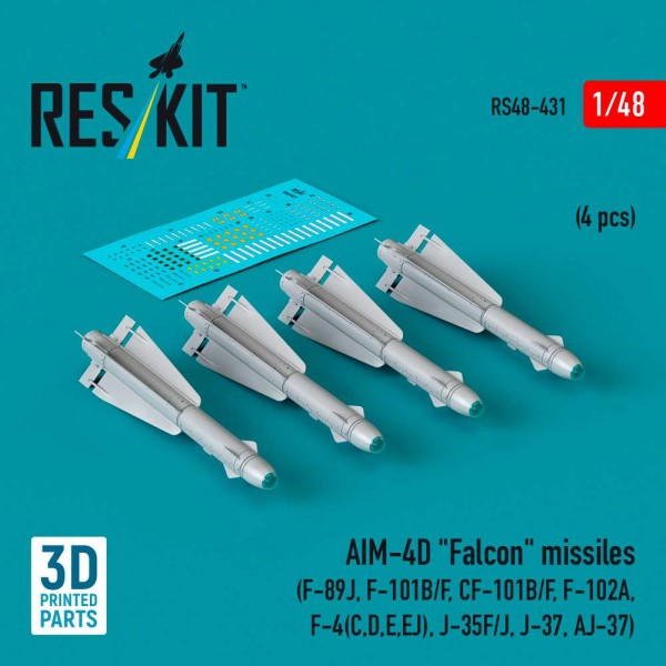 RS48-0431   AIM-4D "Falcon" missiles (4 pcs) (F-89J, F-101B/F, CF-101B/F, F-102A, F-4(C,D,E,EJ), J-35F/J, J-37, AJ-37) (3D Printed) (1/48) (thumb88185)