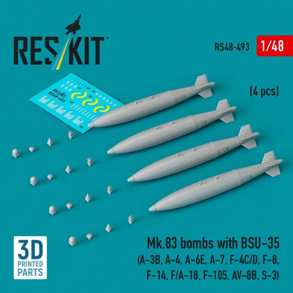 RS48-0493   Mk.83 bombs with BSU-35 (4 pcs) (A-3B, A-4, A-6E, A-7, F-4C/D, F-8, F-14, F/A-18, F-105, AV-8B, S-3) (3D printed) (1/48) (thumb88204)