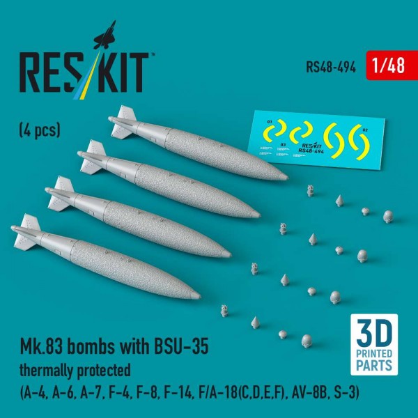 RS48-0494   Mk.83 bombs with BSU-35 thermally protected (4 pcs) (A-4, A-6, A-7, F-4, F-8, F-14, F/A-18(C,D,E,F), AV-8B, S-3) (3D printed) (1/48) (thumb88207)