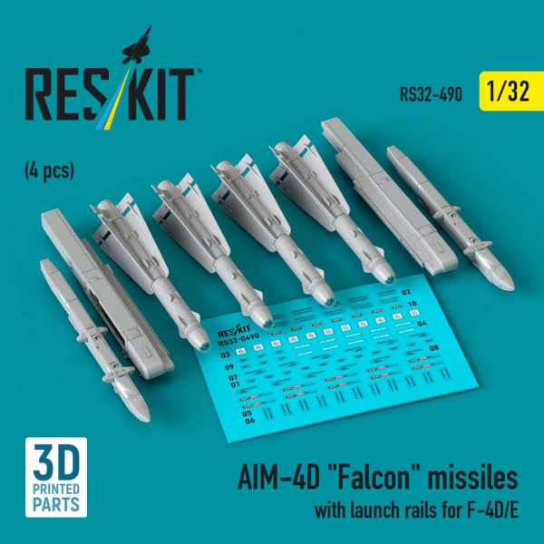 RS32-0490   AIM-4D "Falcon" missiles with launch rails for F-4D/E (4 pcs) (3D Printed) (1/32) (thumb88737)