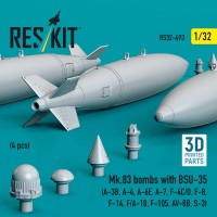 RS32-0493   Mk.83 bombs with BSU-35 (4 pcs) (A-3B, A-4, A-6E, A-7, F-4C/D, F-8, F-14, F/A-18, F-105, AV-8B, S-3) (3D printed) (1/32) (attach1 88747)