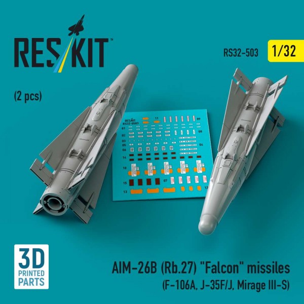 RS32-0503   AIM-26B (Rb.27) "Falcon" missiles (2 pcs) (F-106A, J-35F/J, Mirage III-S) (3D Printed) (1/32) (thumb88764)