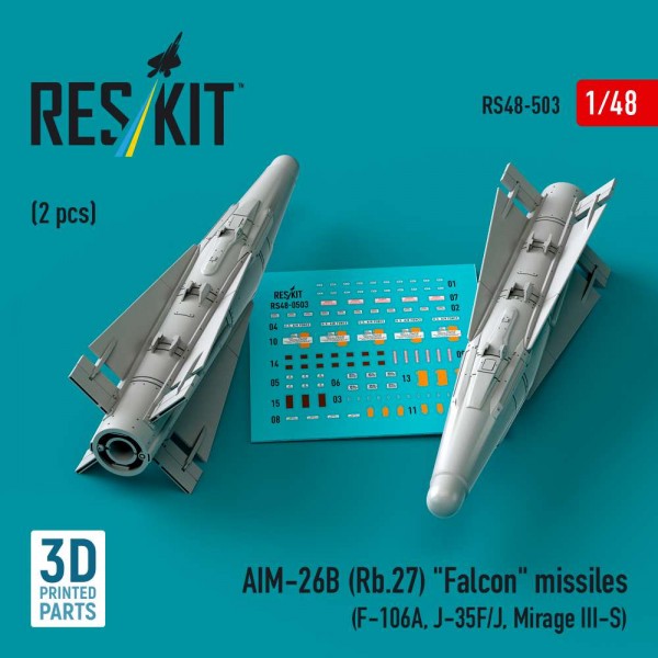 RS48-0503   AIM-26B (Rb.27) "Falcon" missiles (2 pcs) (F-106A, J-35F/J, Mirage III-S) (3D Printed) (1/48) (thumb88237)
