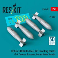 RS48-0511   British 1000lb HE-Blast, GP, Low Drag bombs (4 pcs) (F-4, Canberra, Buccaneer, Harrier, Hunter, Tornado) (3D printed) (1/48) (thumb88251)