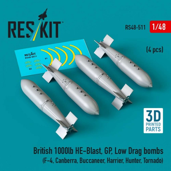 RS48-0511   British 1000lb HE-Blast, GP, Low Drag bombs (4 pcs) (F-4, Canberra, Buccaneer, Harrier, Hunter, Tornado) (3D printed) (1/48) (thumb88251)