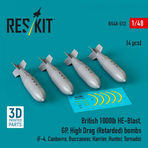 RS48-0512   British 1000lb HE-Blast, GP, High Drag (Retarded) bombs (4 pcs) (F-4, Canberra, Buccaneer, Harrier, Hunter, Tornado) (3D printed) (1/48) (thumb88253)