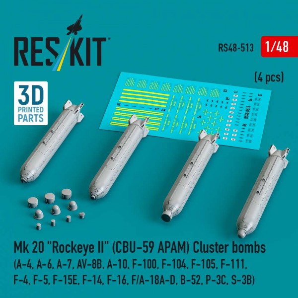 RS48-0513   Mk 20 "Rockeye II" (CBU-59 APAM) Cluster bombs (A-4, A-6, A-7, AV-8B, A-10, F-100, F-104, F-105, F-111, F-4, F-5, F-15E, F-14, F-16, F/A-18A-D, B-52, P-3C, S-3B) (4 pcs) (3D Printed) (1/48) (thumb88255)
