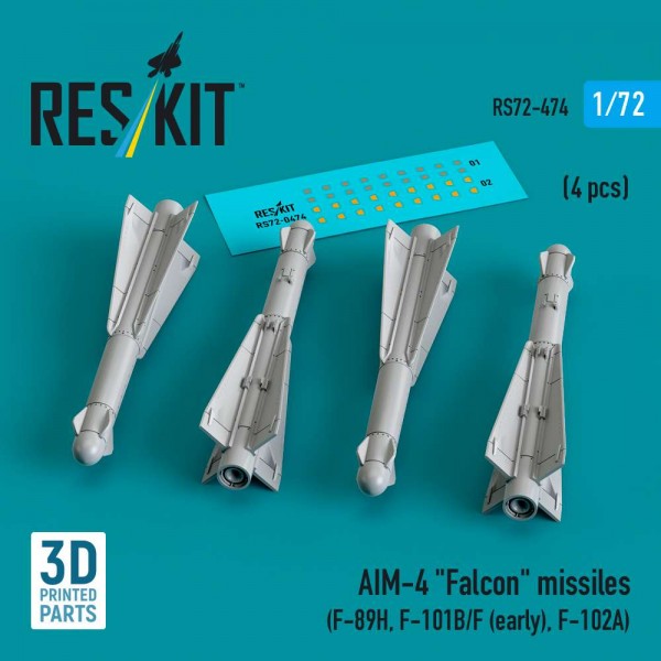 RS72-0474   AIM-4 "Falcon" missiles (4 pcs) (F-89H, F-101B/F (early), F-102A) (3D Printed) (1/72) (thumb88493)