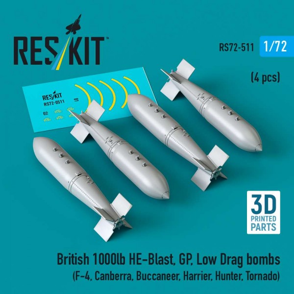 RS72-0511   British 1000lb HE-Blast, GP, Low Drag bombs (4 pcs) (F-4, Canberra, Buccaneer, Harrier, Hunter, Tornado) (3D printed) (1/72) (thumb88555)