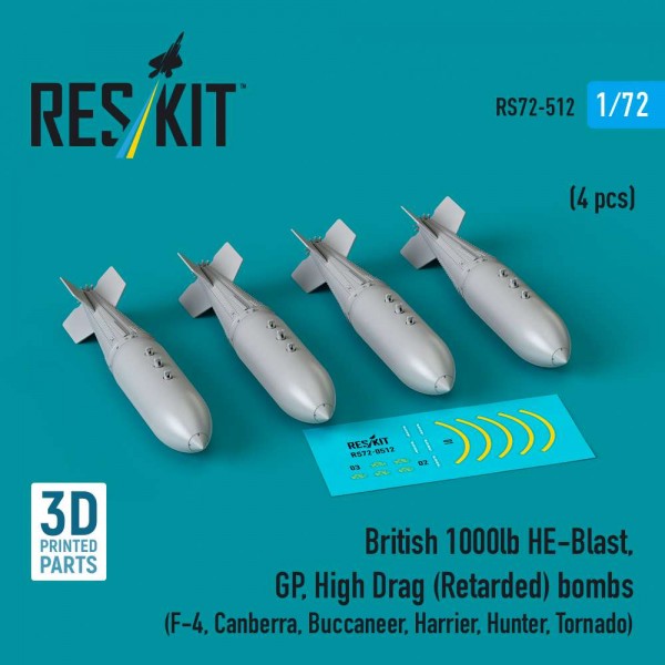 RS72-0512   British 1000lb HE-Blast, GP, High Drag (Retarded) bombs (4 pcs) (F-4, Canberra, Buccaneer, Harrier, Hunter, Tornado) (3D printed) (1/72) (thumb88557)