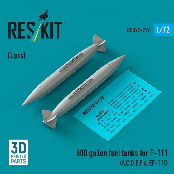 RSU72-0219   600 gallon fuel tanks for F-111 (A,C,D,E,F & EF-111) (2 pcs) (3D Printed) (1/72) (thumb88630)